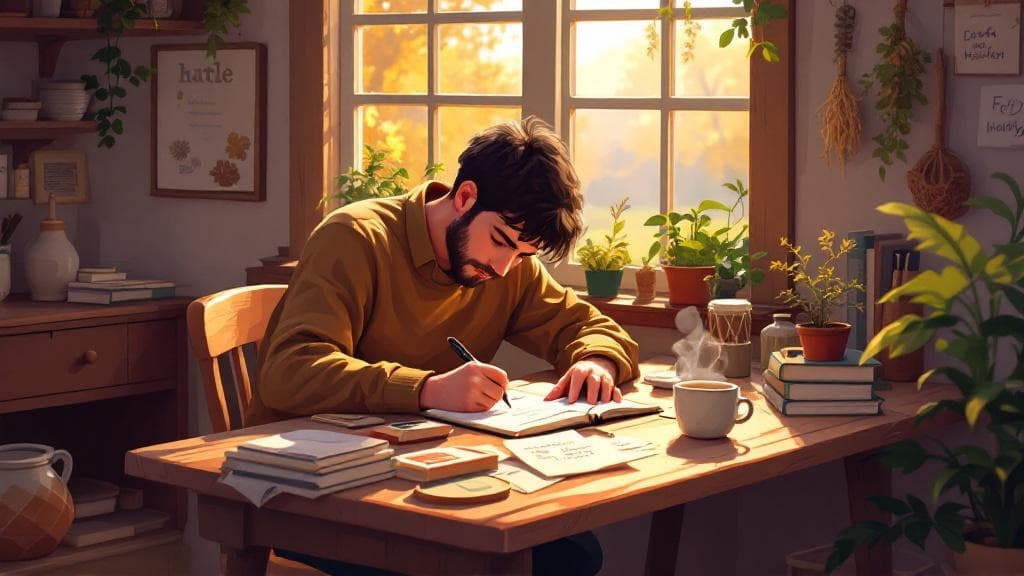 A cozy pixel-art scene of a curator at a warm wooden table, open notebook and handwritten list in front of them, a stack of books, postcards, a steaming mug, and golden afternoon light through a window, capturing the quiet pleasure of list-building.