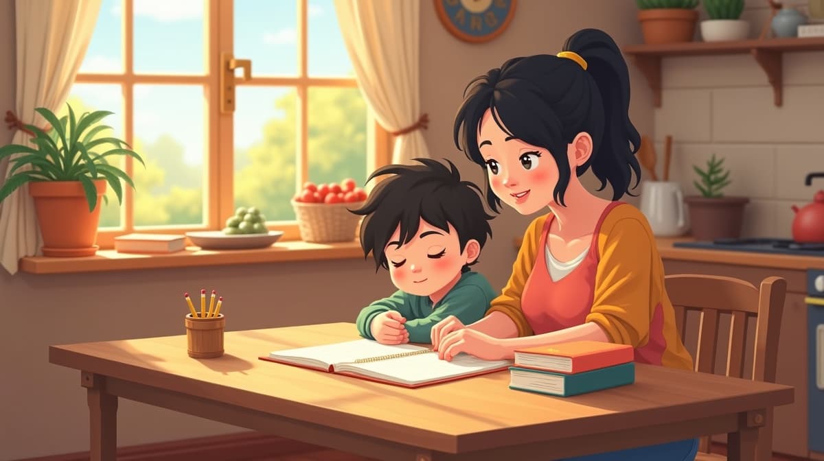 Parent and child planning the homeschool week together at a cozy farmhouse kitchen table, warm and unhurried.