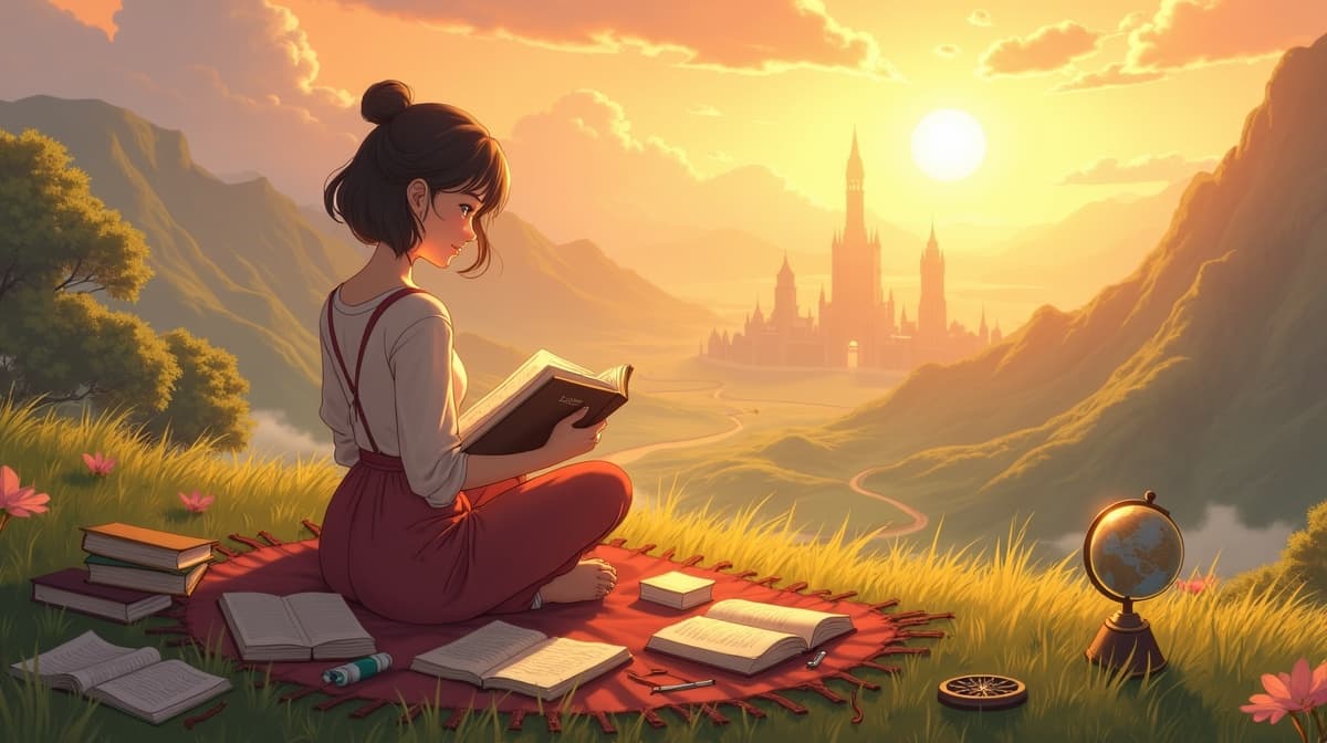 Young woman reading on a hilltop at golden hour surrounded by books and a globe, with paths leading to distant towers in a stylized anime adventure landscape.