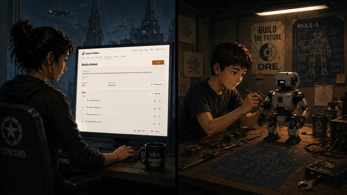 A two-panel illustration showing a parent at a computer reviewing a Build a Robot curriculum broken into four task sessions, and her child at a workbench assembling the robot.