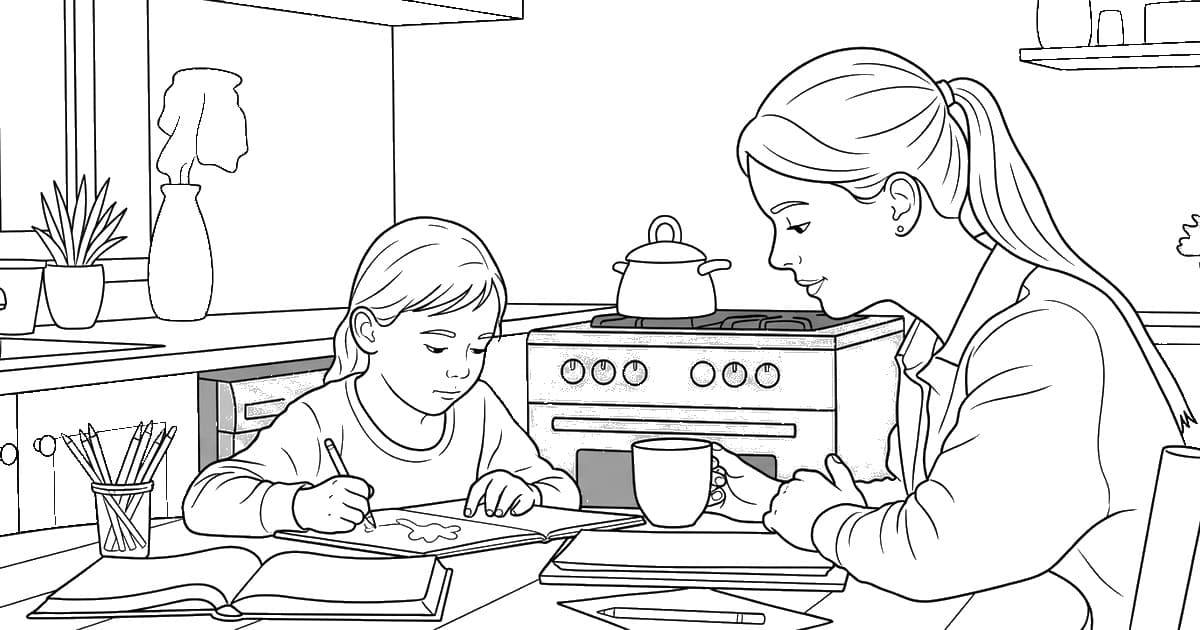 A homeschool mother and her second grader at a warm kitchen table in late-morning light, the child working independently in a notebook while the mother sits back with a mug.