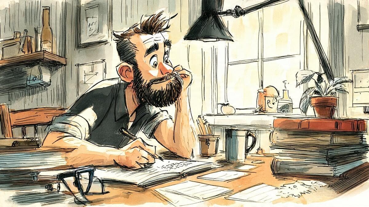 Illustration of a bearded man writing in a notebook at a cluttered desk with books, papers, pencils, a mug, and glasses.