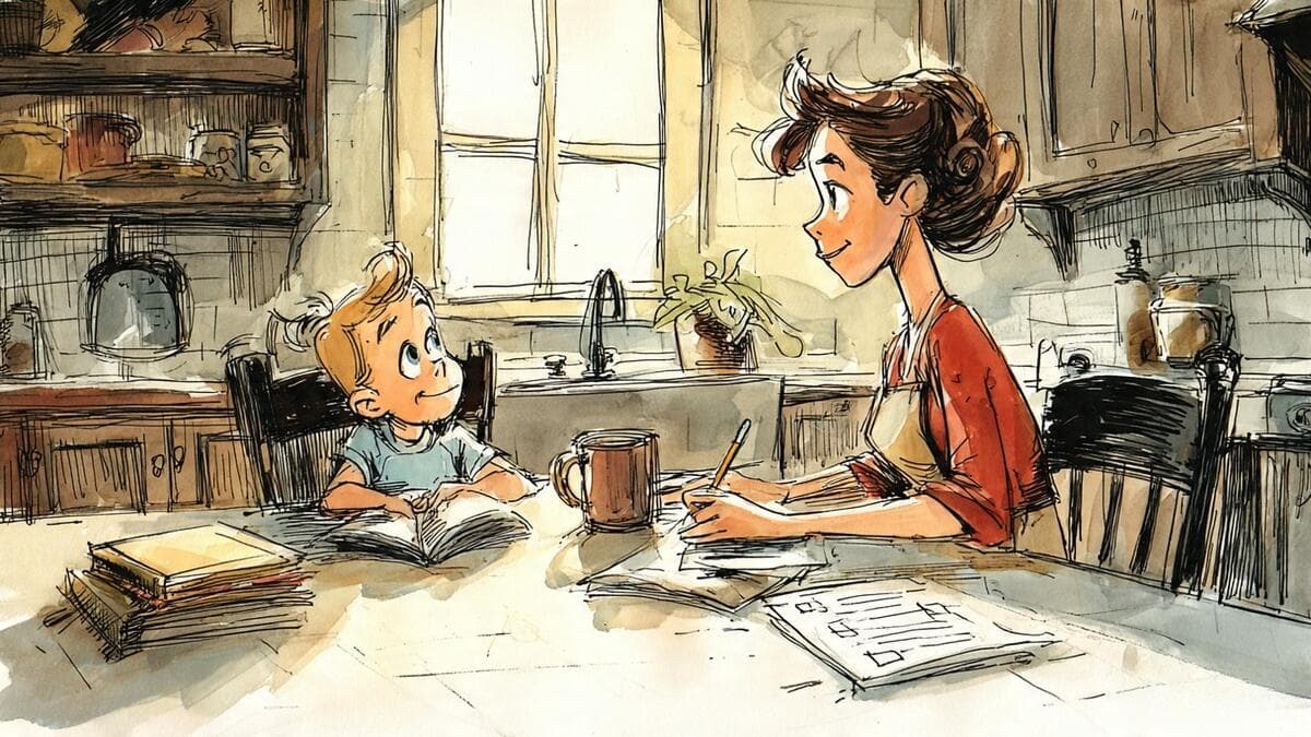 Parent and child planning homeschool together at a cozy kitchen table with books, papers, and warm morning light.