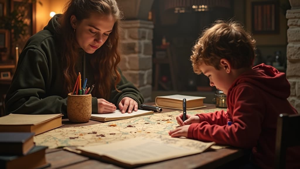 Parent and child bringing order to homeschool plans at a lived-in table, styled like a high-fantasy quest setup that turns chaos into a clear path.