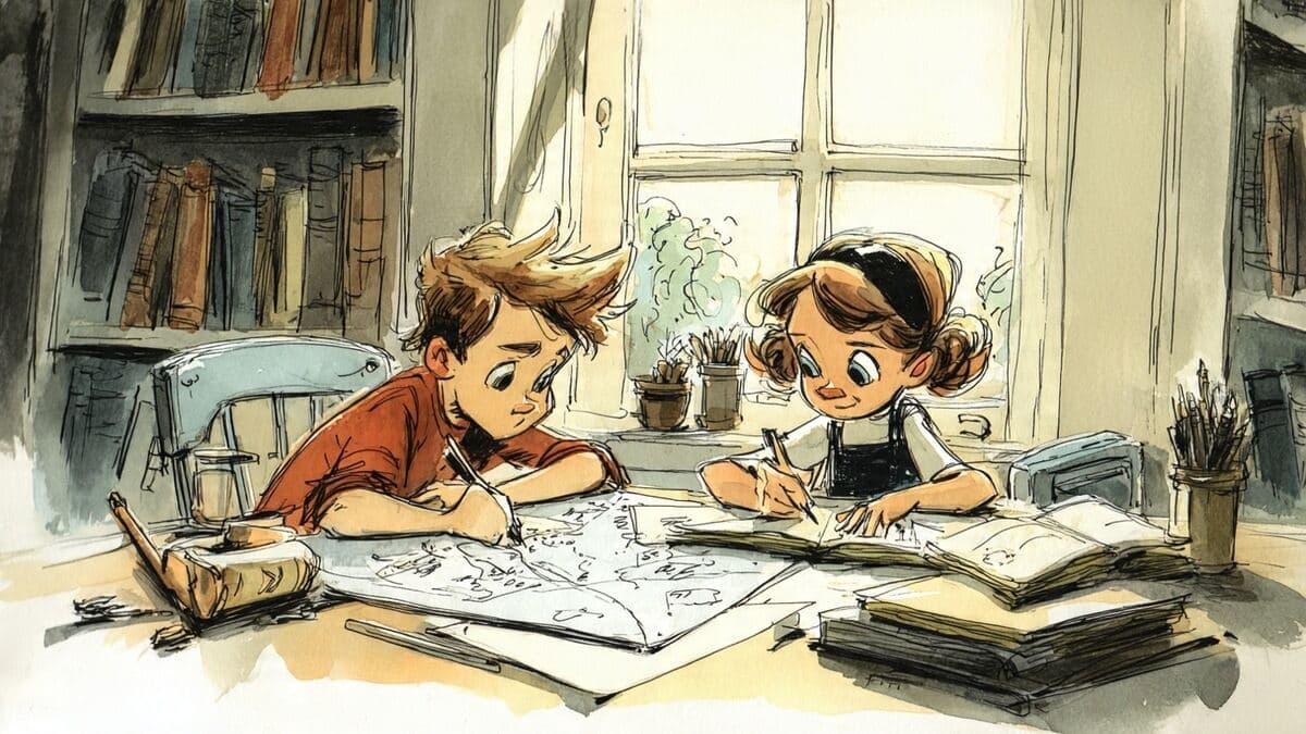 Two children working with notebooks and papers at a sunlit homeschool table, each focused on a different learning path.