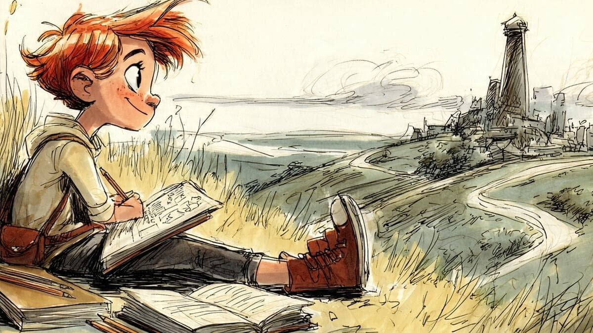 Red-haired learner sketching in a notebook on a grassy hillside, with books nearby and a winding path leading toward a distant coastal town.