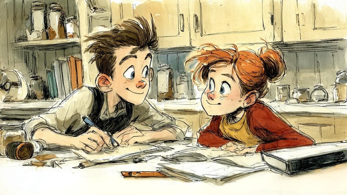 Two children working together on a personal curriculum project at a cozy kitchen table with papers, pencils, books, and warm shelves behind them.