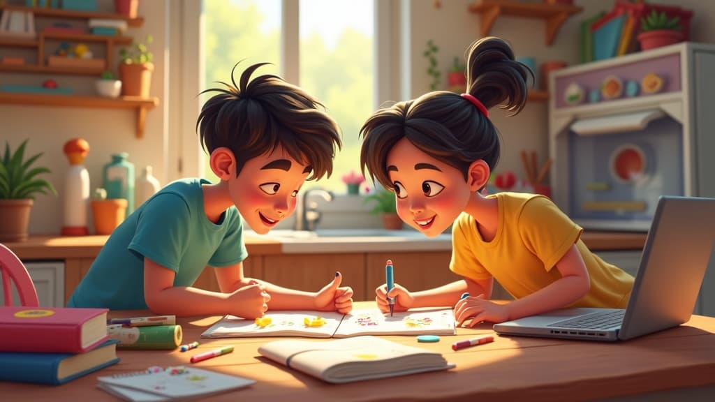 Parent and child building a personal curriculum together at a lived-in kitchen table with books, notebooks, art supplies, and project materials.