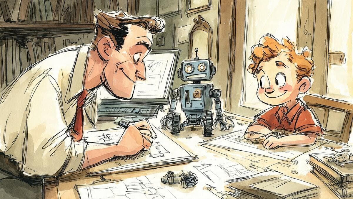 Adult and child sketch plans together at a desk with a small robot prototype between them.