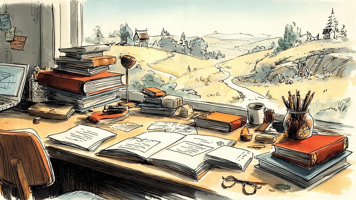 A cozy study table with books, notebooks, papers, pencils, and a window view of winding paths through a peaceful learning landscape.
