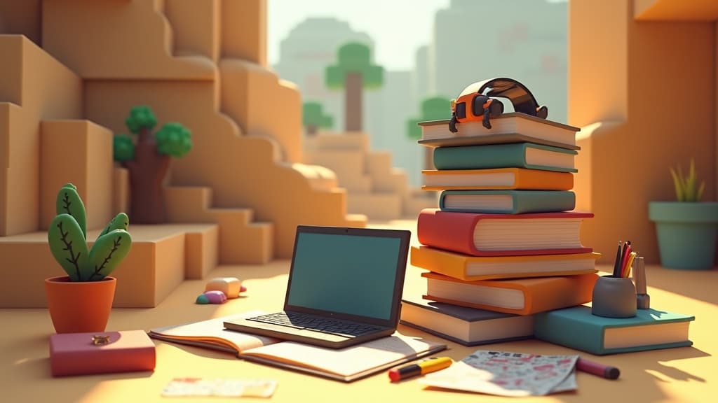 A mixed-format learning stack with books, notebooks, art supplies, a laptop, a Meta Quest headset, and project materials arranged like a player's path through an inviting creative world.