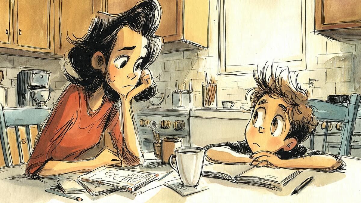 A tired homeschool parent and child sit at a warm kitchen table with open books, papers, pencils, and mugs during a stale curriculum moment.