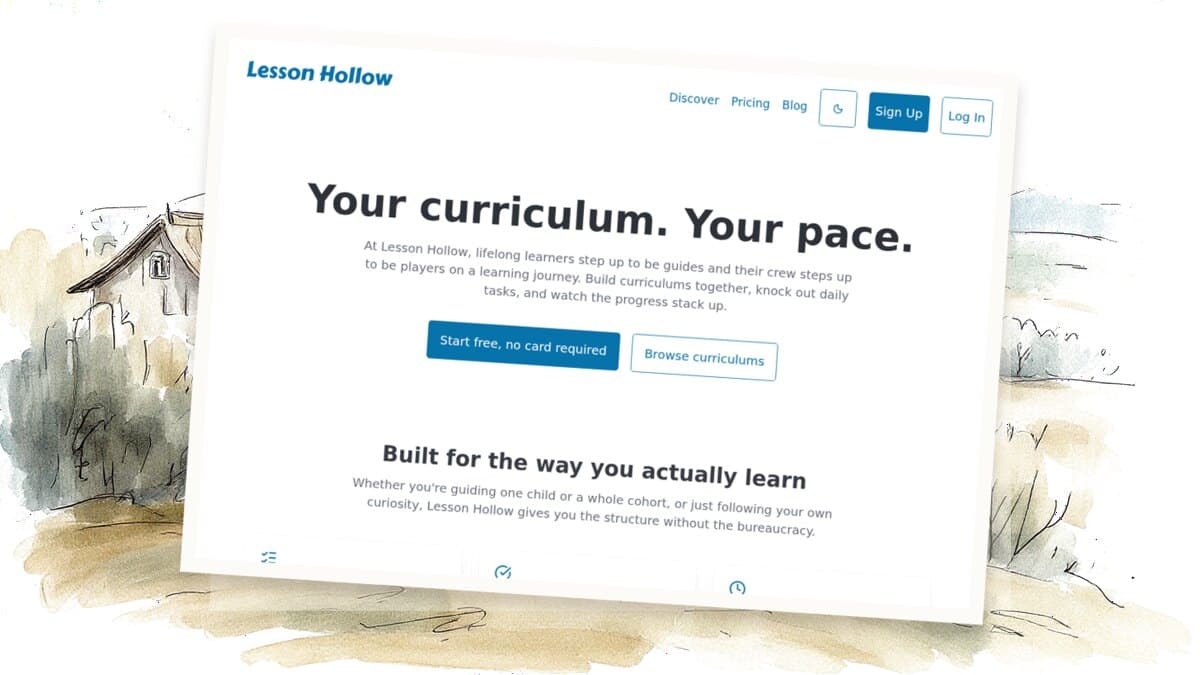 A slightly rotated Lesson Hollow homepage mockup sits over a soft watercolor landscape of hills and cottages.