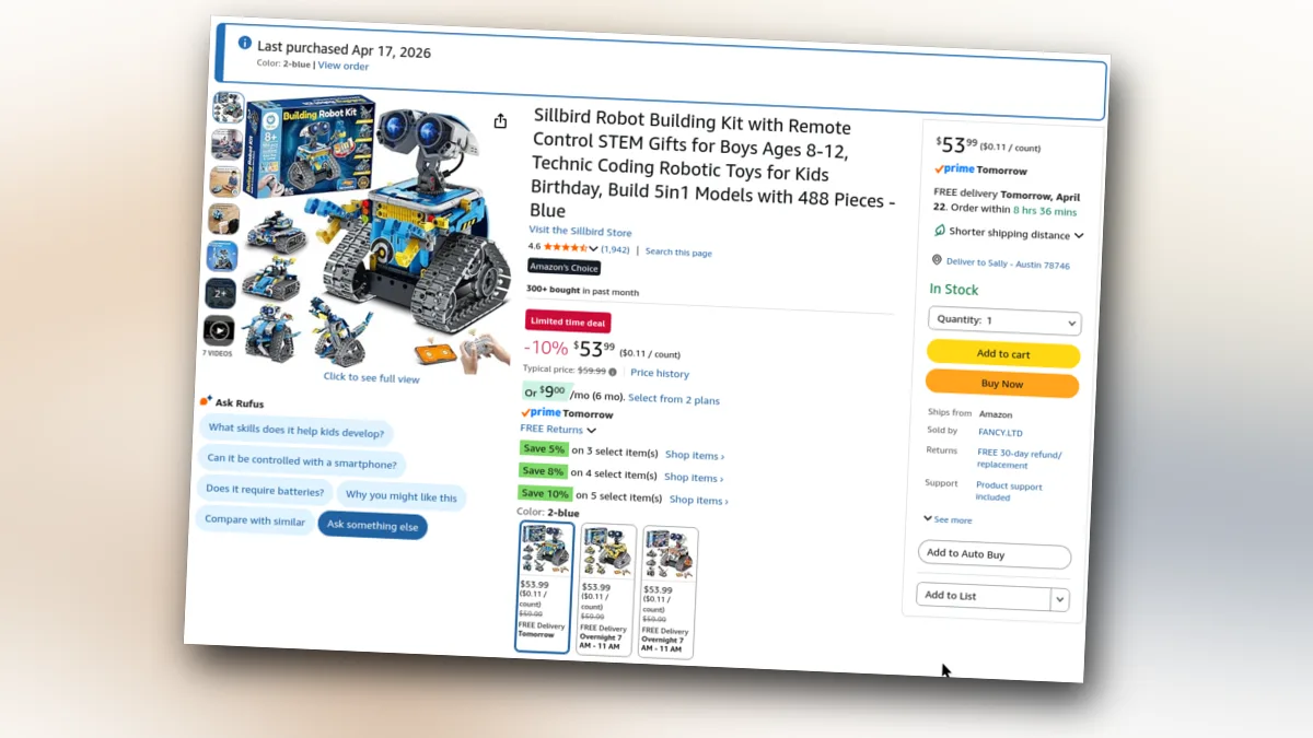 The Sillbird Robot Building Kit on Amazon: $53.99, 488 pieces, Prime Tomorrow shipping, 4.6 stars from 1,942 reviews.