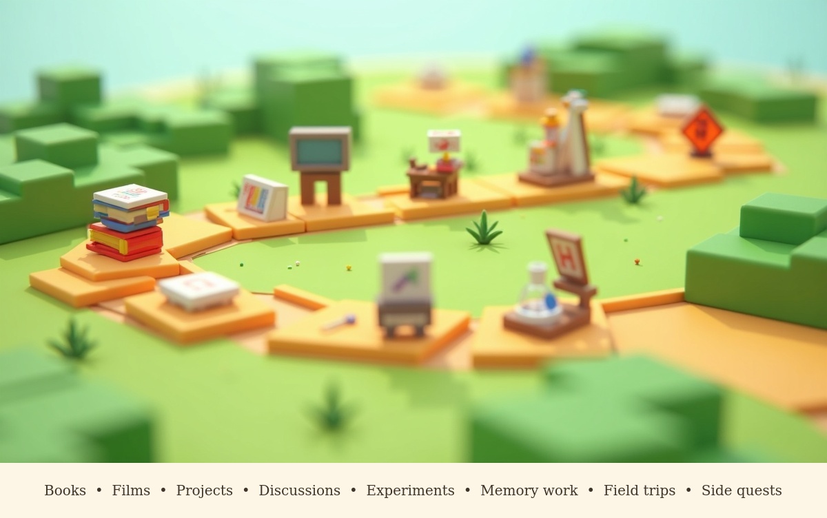 A blocky voxel path winding through a green landscape with small stations representing books, screens, a workbench, discussion, experiments, creative work, flashcards, a signpost, and a glowing quest marker.