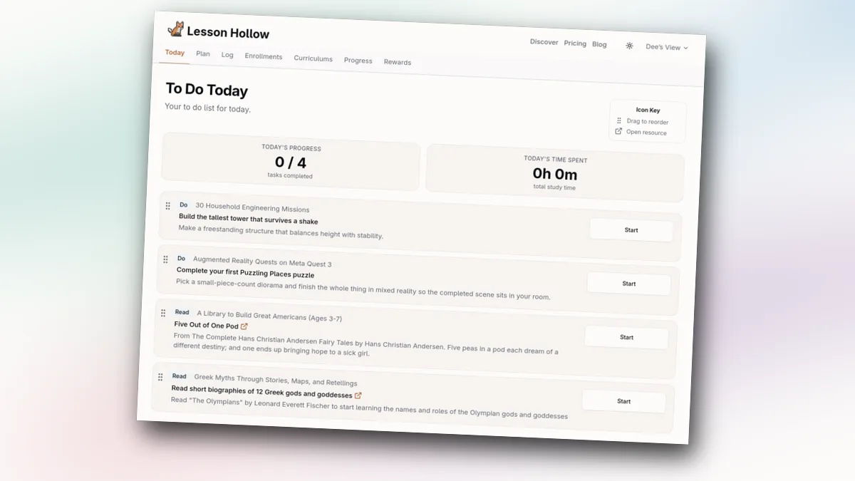 Mobile screenshot of the Today page in Lesson Hollow showing two upcoming tasks with Start and Remove buttons, styled with a subtle tilt and soft drop shadow.